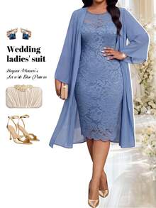 Fleurora Plus Size Elegant Lace Dress And Tulle Cardigan 2 Pieces Set - Blue - View 7