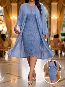 Fleurora Plus Size Elegant Lace Dress And Tulle Cardigan 2 Pieces Set - Blue - View 1