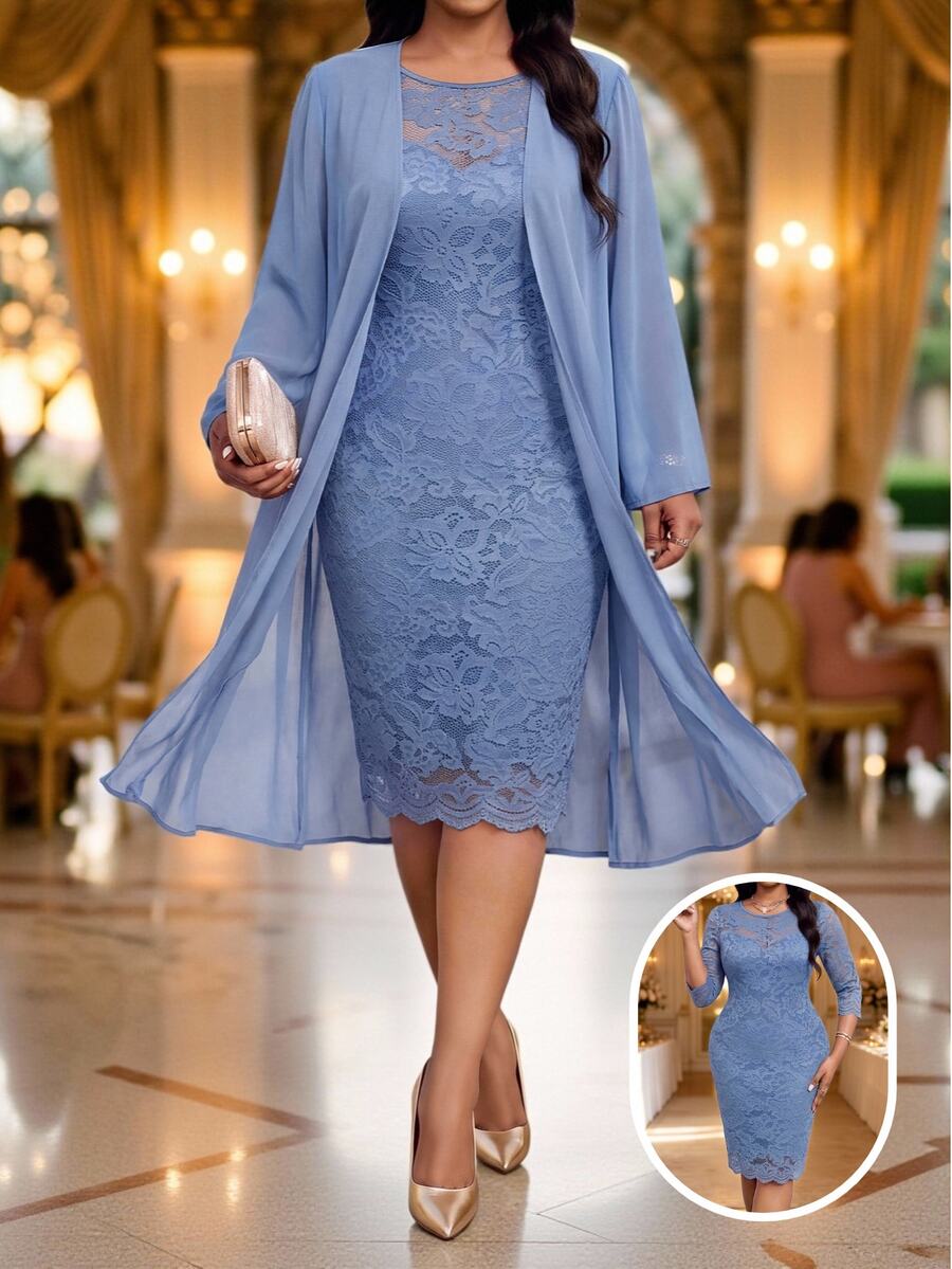 Fleurora Plus Size Elegant Lace Dress And Tulle Cardigan 2 Pieces Set - Blue - View 1