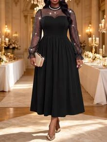Fleurora Plus Size Women's Patchwork Glitter Mesh Elegant Dress Autumn Wedding Dinner Cocktail Formal Black - Black - View 4