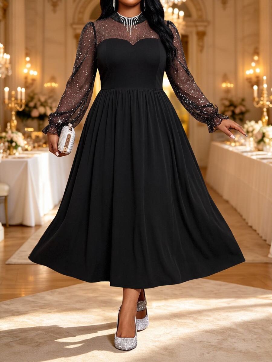 Fleurora Plus Size Women's Patchwork Glitter Mesh Elegant Dress Autumn Wedding Dinner Cocktail Formal Black - Black - View 1