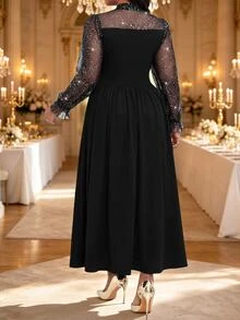 Fleurora Plus Size Women's Patchwork Glitter Mesh Elegant Dress Autumn Wedding Dinner Cocktail Formal Black - Black - View 2