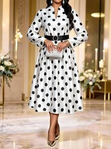 Fleurora Plus Size Women's Polka Dot Print Notch V-Neck Long Sleeve Elegant Dress - Black and White - View 6