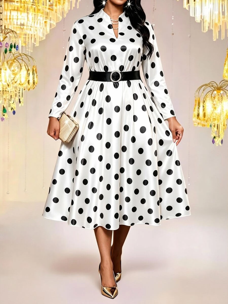 Fleurora Plus Size Women's Polka Dot Print Notch V-Neck Long Sleeve Elegant Dress - Black and White - View 1