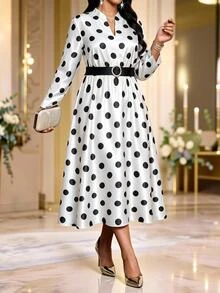 Fleurora Plus Size Women's Polka Dot Print Notch V-Neck Long Sleeve Elegant Dress - Black and White - View 4