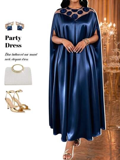 Fleurora Plus Size Women's Navy Blue Satin Batwing Sleeve Loose Kaftan Dress Round Neck Crystal Elegant Party Evening Formal Sparkly Wedding Guest Fall Winter