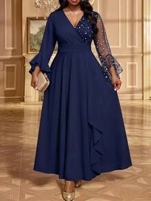Fleurora Plus size lyxig design klänning med prickar och färgblock - Marinblå - Visa 5