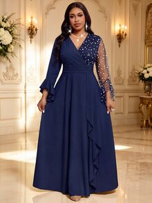 Fleurora Plus size lyxig design klänning med prickar och färgblock - Marinblå - Visa 4