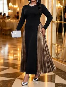 Fleurora Plus Size Women's Round Neck Cinched Cinched Waist Colorblock Patchwork Pleated Elegant Dress Fall - Multicolor - View 3