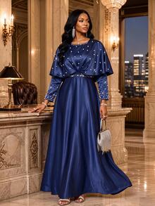 SHEIN Lady Women's Elegant Mature Party Dinner Cocktail Rhinestone Decorated Navy Blue Autumn Elegant Long Dress Wedding Guest Dress Luxury Evening Wedding Dress - Navy Blue - View 5