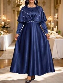 SHEIN Lady Women's Elegant Mature Party Dinner Cocktail Rhinestone Decorated Navy Blue Autumn Elegant Long Dress Wedding Guest Dress Luxury Evening Wedding Dress - Navy Blue - View 3