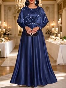 SHEIN Lady Women's Elegant Mature Party Dinner Cocktail Rhinestone Decorated Navy Blue Autumn Elegant Long Dress Wedding Guest Dress Luxury Evening Wedding Dress - Navy Blue - View 1