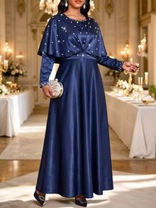 SHEIN Lady Women's Elegant Mature Party Dinner Cocktail Rhinestone Decorated Navy Blue Autumn Elegant Long Dress Wedding Guest Dress Luxury Evening Wedding Dress - Navy Blue - View 4