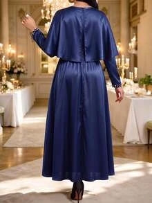 SHEIN Lady Women's Elegant Mature Party Dinner Cocktail Rhinestone Decorated Navy Blue Autumn Elegant Long Dress Wedding Guest Dress Luxury Evening Wedding Dress - Navy Blue - View 2