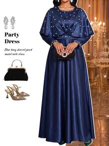 SHEIN Lady Women's Elegant Mature Party Dinner Cocktail Rhinestone Decorated Navy Blue Autumn Elegant Long Dress Wedding Guest Dress Luxury Evening Wedding Dress - Navy Blue - View 6