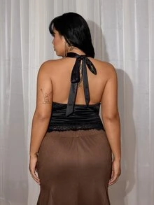 Rustia Premium Satin Draped Neck Tank Top For Women With Lace Patchwork, Ruched Cinched Waist Fit, Sexy Camisole Top For Outerwear - Black - View 4