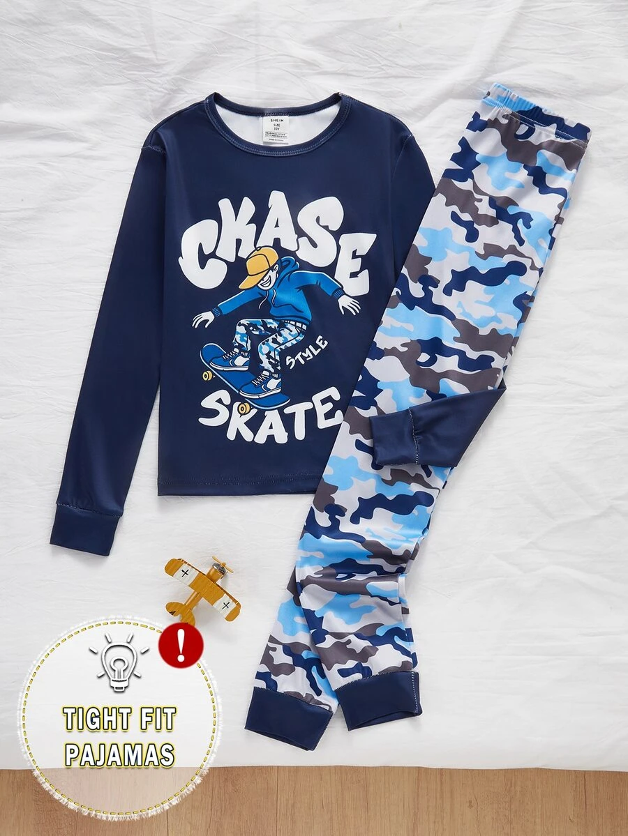 Boys (Big) Home Wear Skateboard Boy With Camouflage Print, Long Sleeve & Shorts 2 Pieces Set, Soft & Comfortable Fabric, Best Gift For Boys - Navy Blue - View 1