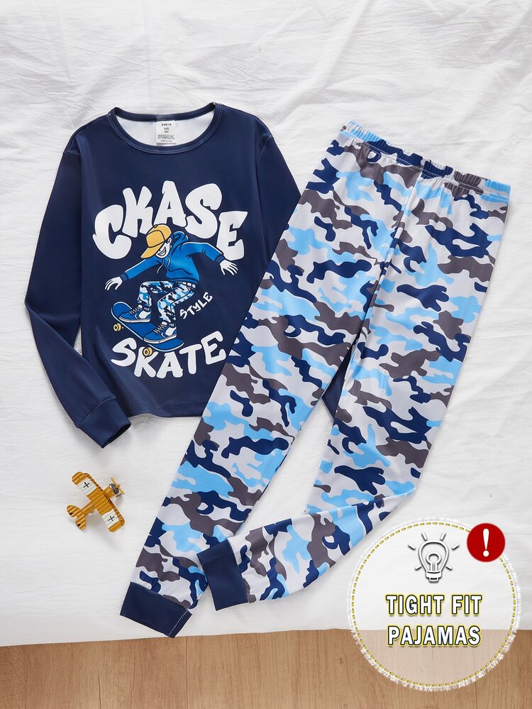 Boys (Big) Home Wear Skateboard Boy With Camouflage Print, Long Sleeve & Shorts 2 Pieces Set, Soft & Comfortable Fabric, Best Gift For Boys - Navy Blue - View 4