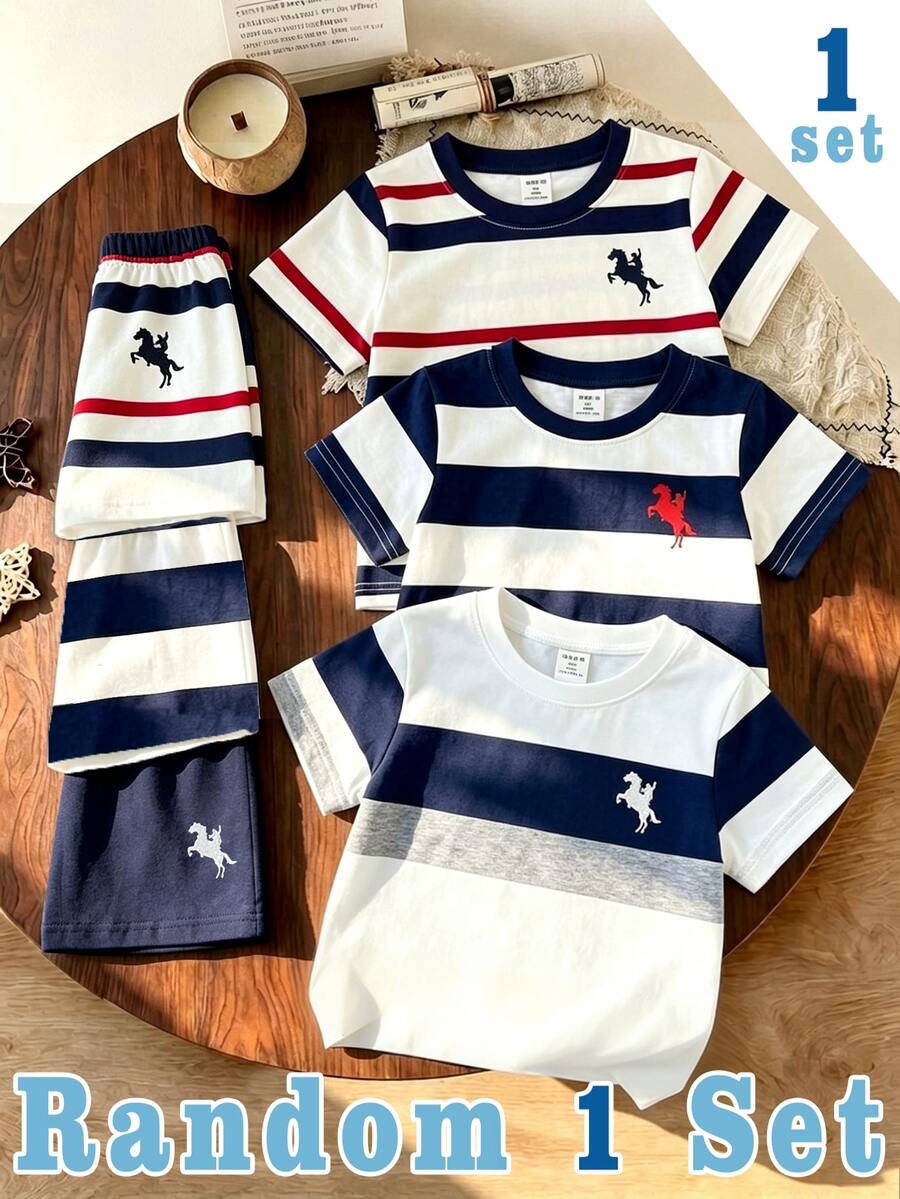 SHEIN Random 1 Set, Royal Blue & Red Colorblock Royal Blue Casual Fashion Classic Knight Print Crew Neck Short Sleeve T-Shirt & Shorts Set - Multicolor - View 1