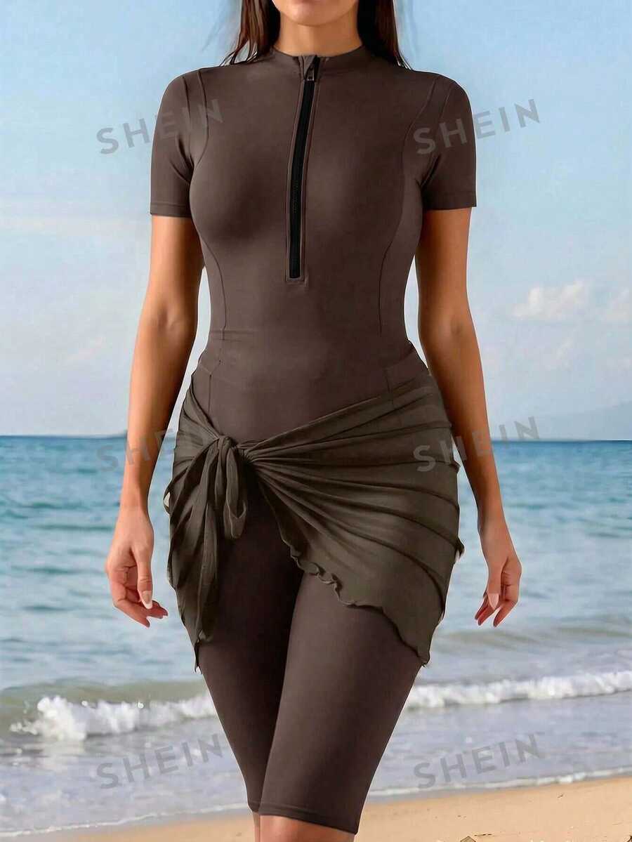 SHEIN Swim 女款短袖前拉鍊連體布基尼，附網格綁帶短褲，黑色保守海灘度假泳衣，春/夏 - 鏽棕色 - 查看 1