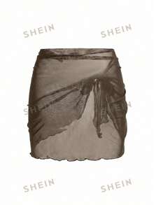 SHEIN Swim 女款短袖前拉鍊連體布基尼，附網格綁帶短褲，黑色保守海灘度假泳衣，春/夏 - 鏽棕色 - 查看 4