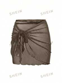 SHEIN Swim 女款短袖前拉鍊連體布基尼，附網格綁帶短褲，黑色保守海灘度假泳衣，春/夏 - 鏽棕色 - 查看 3