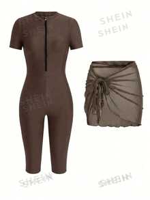 SHEIN Swim 女款短袖前拉鍊連體布基尼，附網格綁帶短褲，黑色保守海灘度假泳衣，春/夏 - 鏽棕色 - 查看 2