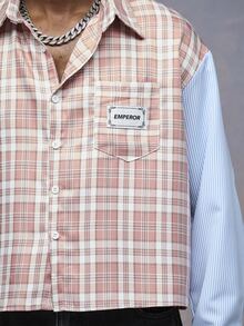 Emperor Men's Fall Plaid Patchwork Striped Long Sleeve Shirt Vacation Beach Pink And White Striped Streetwear - Multicolor - View 4