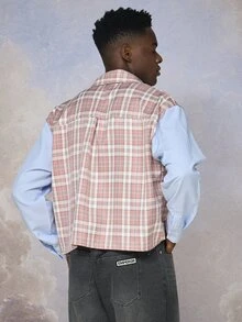 Emperor Men's Fall Plaid Patchwork Striped Long Sleeve Shirt Vacation Beach Pink And White Striped Streetwear - Multicolor - View 2