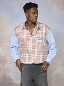 Emperor Men's Fall Plaid Patchwork Striped Long Sleeve Shirt Vacation Beach Pink And White Striped Streetwear - Multicolor - View 1