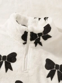 女童針織蝴蝶結印花毛絨立領半拉鍊設計寬鬆休閒長袖衛衣，秋冬款 - 黑與白 - 查看 4