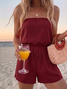 SHEIN Swim Baju Terusan Wanita Tanpa Tali dengan Lipatan, Kasual untuk Aktivitas Sehari-hari - Burgundy - View 3