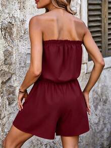 SHEIN Swim Baju Terusan Wanita Tanpa Tali dengan Lipatan, Kasual untuk Aktivitas Sehari-hari - Burgundy - View 2