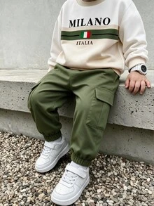 SHEIN 小男孩字母印花時尚圓領長袖運動衫搭配工裝褲套裝，適合假期聚會、秋季、開學季、生日 - 彩色 - 查看 9