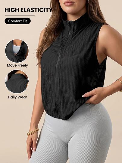 SHEIN Rhythm Era Chaqueta deportiva de talla grande para mujer con cremallera delantera de unicolor