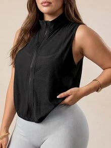 SHEIN Rhythm Era Women's Plus Size Solid Color Zipper Front Sports Kawaii Baggy Jacket Gym Black Summer - Black - View 7