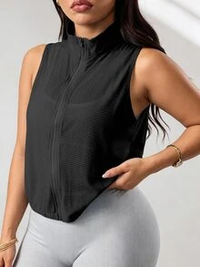 SHEIN Rhythm Era Women's Plus Size Solid Color Zipper Front Sports Kawaii Baggy Jacket Gym Black Summer - Black - View 3