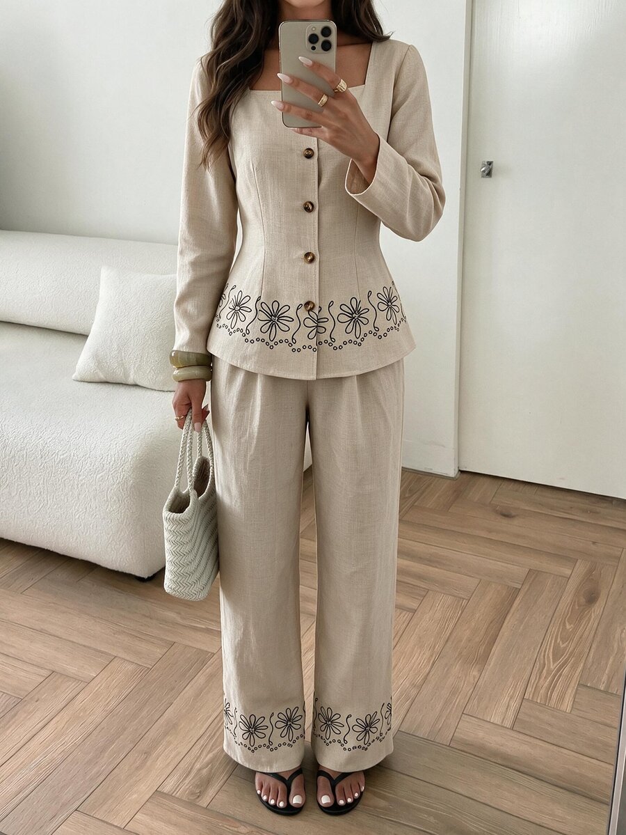 Selianne Floral Embroidery Square Neck Blouse Pants Set Brunch Beige ...