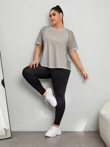 SHEIN Rhythm Era Tee & Tank Olahraga Ukuran Plus Kontras Mesh Plain - Grey - View 7