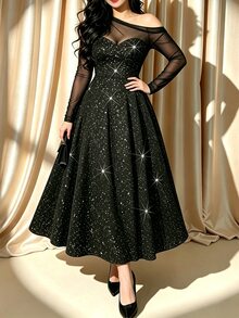 Allurite Plus Size Spring/Autumn Elegant Mesh Patchwork Glamorous Glitter Asymmetric Neck Cinched Waist Long A-Line Dress Fall - Black - View 5