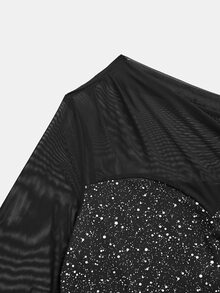 Allurite Plus Size Spring/Autumn Elegant Mesh Patchwork Glamorous Glitter Asymmetric Neck Cinched Waist Long A-Line Dress Fall - Black - View 8