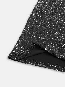 Allurite Plus Size Spring/Autumn Elegant Mesh Patchwork Glamorous Glitter Asymmetric Neck Cinched Waist Long A-Line Dress Fall - Black - View 7