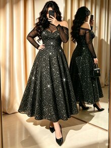 Allurite Plus Size Spring/Autumn Elegant Mesh Patchwork Glamorous Glitter Asymmetric Neck Cinched Waist Long A-Line Dress Fall - Black - View 3
