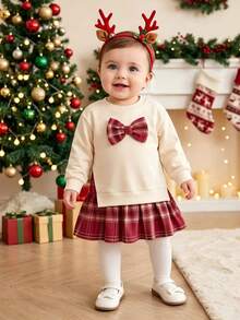 SHEIN Playful Pals 1件幼童女嬰格紋洋裝，甜美奶油色與酒紅格紋，蝴蝶結百褶長袖圓領，休閒正裝，適合冬季秋季節日派對，優雅風格 - 紅白色 - 查看 5