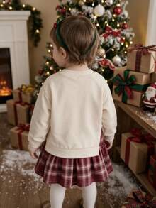 SHEIN Playful Pals 1件幼童女嬰格紋洋裝，甜美奶油色與酒紅格紋，蝴蝶結百褶長袖圓領，休閒正裝，適合冬季秋季節日派對，優雅風格 - 紅白色 - 查看 2