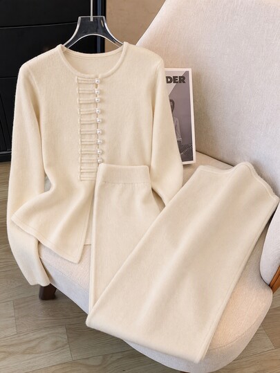 SHEIN Franclia Women's Round Neck New Chinese Style Long Sleeve Sweater Set, Casual Knitted Autumn/Winter Clothing, Beige Waist-Cinching Sweater Two Pieces Set, Fashionable Elegant National Style Outfit, Versatile Frog Button Top Wide Leg Pants Sweater Set