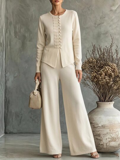SHEIN Franclia Women's Round Neck New Chinese Style Long Sleeve Sweater Set, Casual Knitted Autumn/Winter Clothing, Beige Waist-Cinching Sweater Two Pieces Set, Fashionable Elegant National Style Outfit, Versatile Frog Button Top Wide Leg Pants Sweater Set