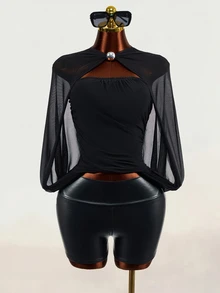 Mistrie Women's Casual Mesh Patchwork T-Shirt - Black - View 5