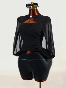 Mistrie Women's Casual Mesh Patchwork T-Shirt - Black - View 6
