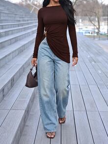 Mima John Women Casual Coffee Brown Plain Knitted T-Shirt Long Sleeve High Neck Regular Length Asymmetrical Hem - Coffee Brown - View 8